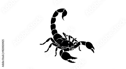 Silhouette illustration of a scorpion with its tail curved over its back and large pincers ready 100chr