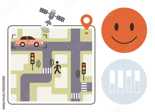 Car and pedestrian navigating GPS-enabled smart traffic signals. Satellite, geolocation pin, happy face, and data chart. Ideal for transportation, innovation, urban planning, IoT location tracking