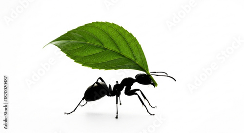 Silhouette of an ant carrying a large green leaf on its back against a white background in a studio shot