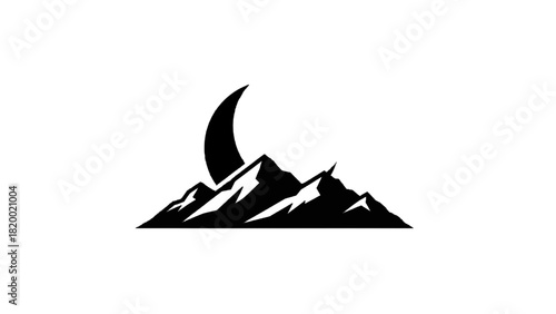Vector illustration of minimalist black and white silhouette logo of a crescent moon rising over sharp mountain peaks, isolated on transparent background