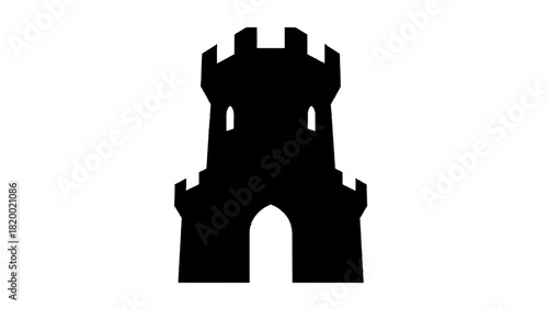Vector illustration of black silhouette icon of a medieval castle tower with crenellations and an arched gateway, isolated on transparent background