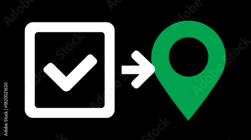 Geolocation successful concept. Checkmark in checkbox pointing to green map pin icon for location tracking or delivery.