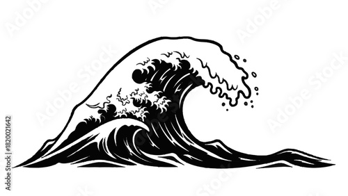 Vector illustration of black and white stylized illustration of a large ocean wave cresting and breaking, isolated on transparent background