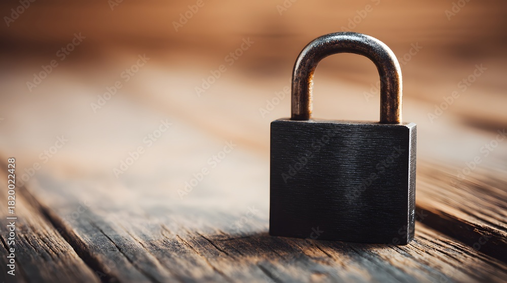 Naklejka premium Black Padlock on Rustic Wooden Table Security and Protection Concept.