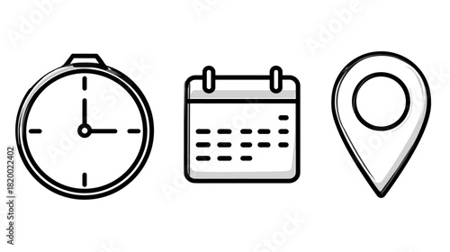 Modern Line Art Vector Icons: Time Clock, Calendar Date, and Map Location Pin. Essential Symbols for Event Planning & Scheduling.