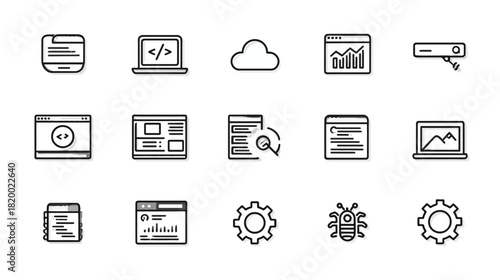 Web Development & Programming Line Icons Set: Coding, IT, Software Engineering, Digital Technology, Cloud, Server, UI/UX, Website Outline Vector.
