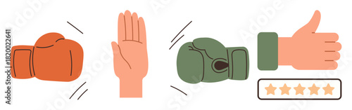 Boxing gloves clashing, hand showing stop signal, thumbs-up gesture, star rating. Ideal for conflict resolution, decision-making, teamwork, feedback, success evaluation negotiation simple flat