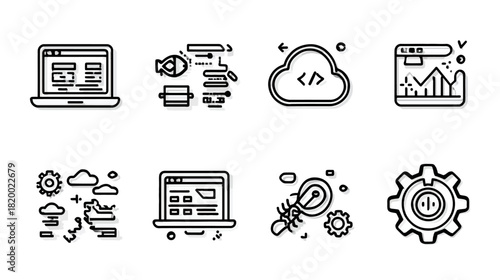 Set of web development, programming, data, and cloud computing line icons. Modern technology, coding, and digital service concept.