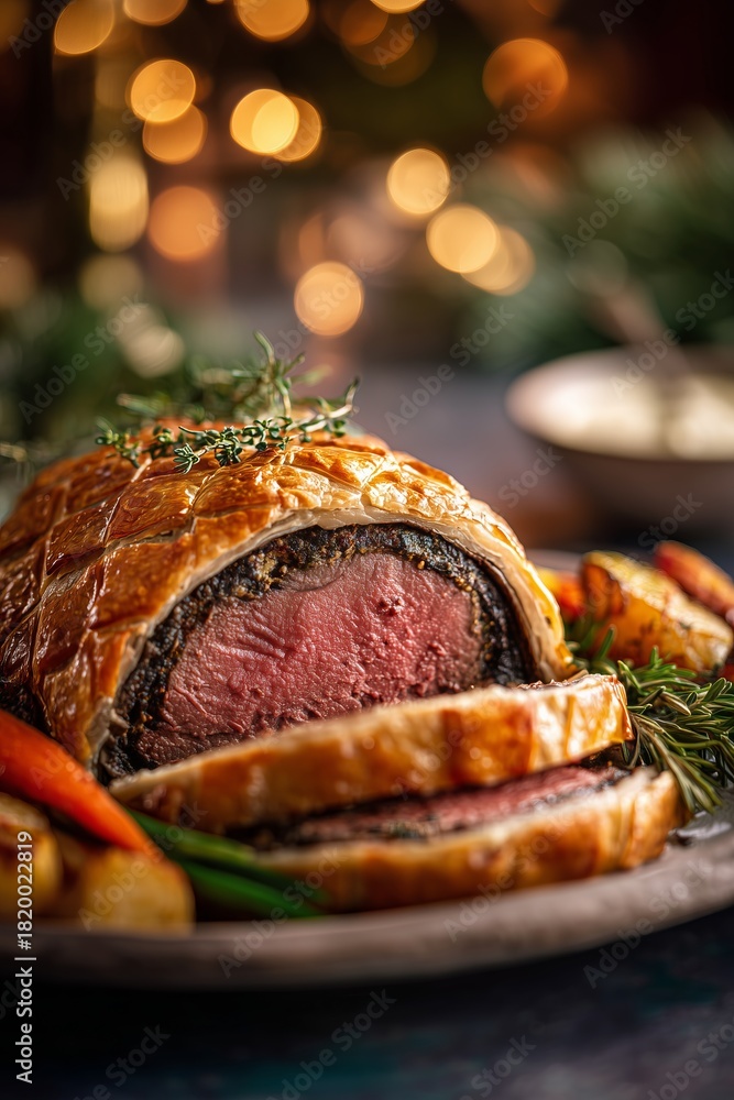 Obraz premium Sliced beef wellington with golden puff pastry crust is served with herbs and roasted vegetables under festive holiday lights. A rich and elegant Christmas dish.