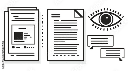Vector illustration of content analysis, document review, and feedback process with eye icon and communication chat bubbles