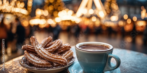 Fresh churros dusted with sugar are served with a cup of thick hot chocolate amid glowing Christmas market lights and blurred festive crowds.