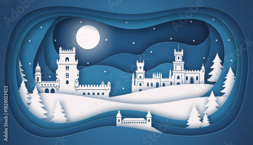 Wallpaper Mural Fairytale night in Portugal: medieval fortress and lake in paper cut technique Torontodigital.ca