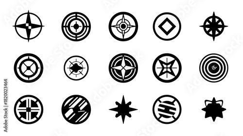 Abstract vector icon set: black and white minimalist geometric symbols, compass roses, targets, and navigation elements collection