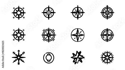 Set of Minimalist Compass Rose and Navigation Icons. Black and White Vector Symbols for Direction, Travel, Adventure, and Maritime Themes.