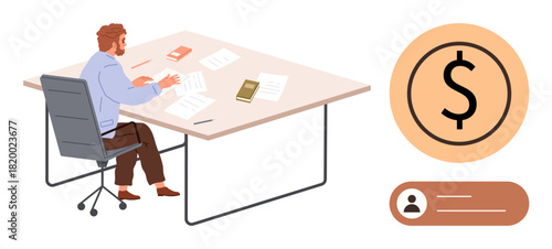 Businessman reviewing reports at desk surrounded by books and papers, alongside a finance symbol. Ideal for business, finance, economics, analysis, productivity, budgeting accounting. Clean simple