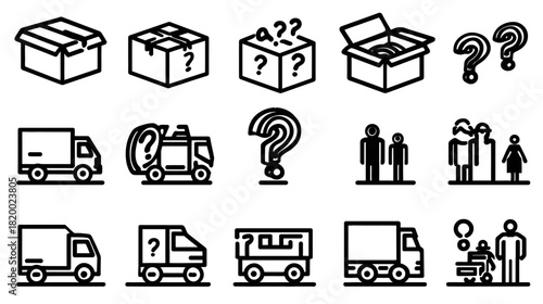 Shipping and Delivery Problem Icons: Lost Package, Unknown Status, and Tracking Issues Line Vector Set