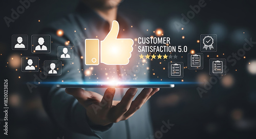 Businessman presents customer satisfaction rating on a digital tablet, showing thumbs up, five star review, and quality checkmarks.