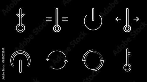 White Outline Vector Icons: Power, Temperature, Refresh, Security Key, UI/UX System Symbols on Black Background