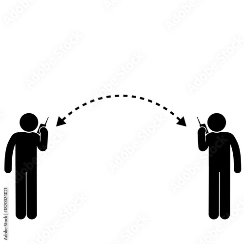 Stick figure using a handy talkie communication device.