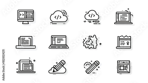 Web Development, Programming, and Cloud Computing Line Icons Set. Vector graphic elements for software, coding, and design.