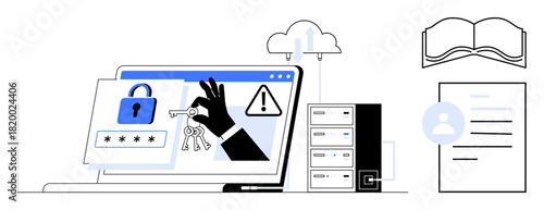 Laptop interface shows hand stealing encryption keys, security alert, cloud upload, server stack, user data, open book icon. Ideal for cybersecurity awareness, data protection, hacking encryption