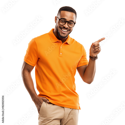 Handsome Man in Orange Polo Shirt Pointing Upwards, Front-Facing Studio Portrait on Transparent Background 