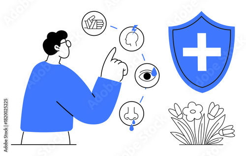Person pointing at interconnected health icons featuring brain, eye, nose, and wellness, with a shield symbolizing protection. Ideal for health, immunity, wellness, safety prevention healthcare