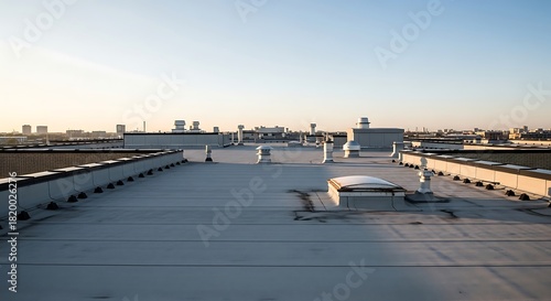 Industrial rooftop at daybreak, showcasing urban cityscape beyond the parapet