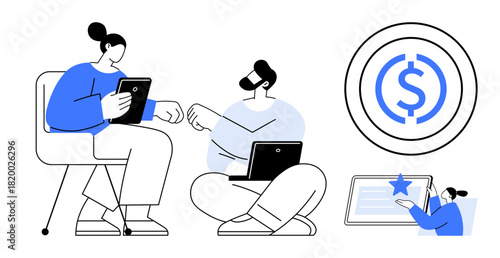 Colleagues discussing finances on laptops and tablets, blue dollar coin, rating screen. Ideal for teamwork, e-commerce, finance, technology, collaboration, online feedback minimal flat metaphor