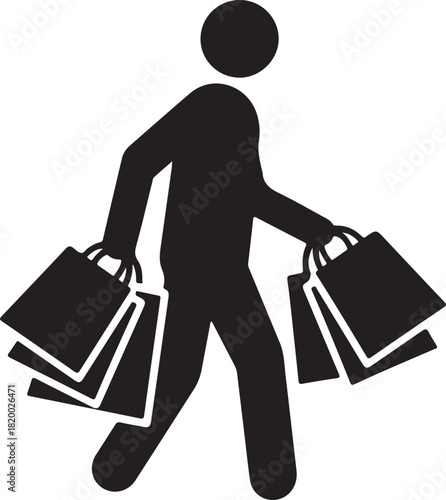 Shopping Person Icon Black Silhouette of a Shopper Walking with Multiple Bags, Representing Retail, Consumerism, and Commerce