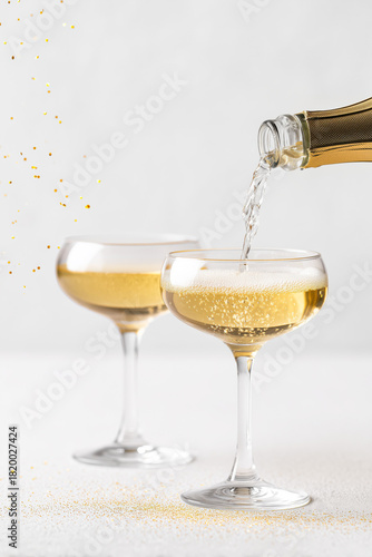 Sparkling wine being poured into elegant coupe glasses