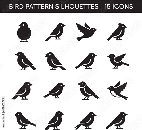 Diverse Set of 15 Bird Silhouette Icons, Vector Collection of Flying and Standing Wildlife Patterns for Design