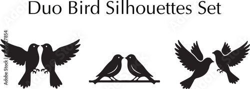 Duo Bird Silhouettes Set A collection of black bird icons featuring mirrored, facing, and flying pairs, perfect for themes of love, companionship, and nature