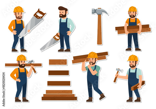 Cartoon Carpenter Set Builders with Tools and Lumber