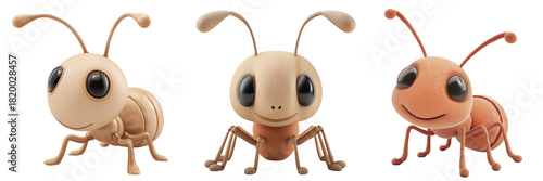 Three Cute 3d Cartoon Ants in Pastel Hues on Transparent Background