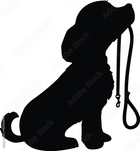 Dog silhouette sitting, leash in mouth, pet waiting, walking request, animal pose, vector graphic, minimal, bold, cartoon, art