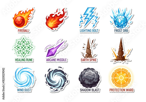 Set of Fantasy Magic Spell Icons with Fireball, Lightning Bolt, and Healing Rune
