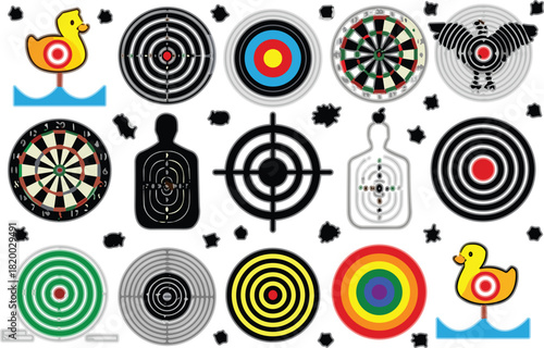Target silhouette collection, shooting practice, bullseye icons, dartboard styles, novelty targets, vector graphic, bold, minimal, cartoon, art