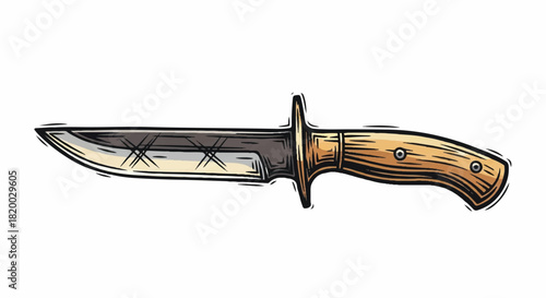 An artistic, flat 2D hand-drawn vintage style utility knife illustration depicting a classic sharp edged weapon, isolated against a bright white background, symbolizing danger or culinary use.