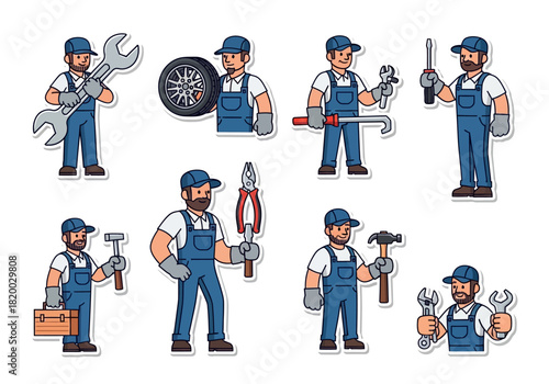 Cartoon Mechanics A Set of Skilled Professionals with Tools