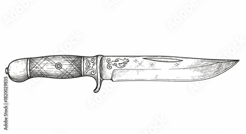 A detailed vintage engraved-style knife drawing, presented as a classic hand-drawn sketch of a dangerous antique weapon, isolated on a clean white background.