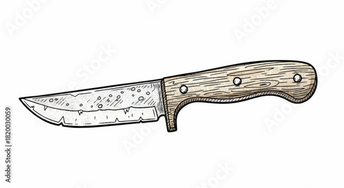 This rustic hand-drawn knife sketch, rendered in a flat 2D illustration style, showcases a vintage blade with a simple handle, standing out sharply against the isolated white backdrop.