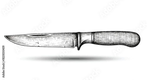 Flat 2D illustration depicting an antique, old-fashioned kitchen knife with a vintage wooden handle, rendered in a detailed, hand-drawn etching style on a clean white background.