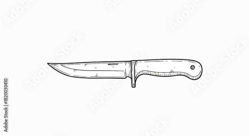 Flat 2D minimalist illustration featuring a vintage hand-drawn sketch of an old edged weapon knife with a simple rustic handle, isolated on a plain white background.