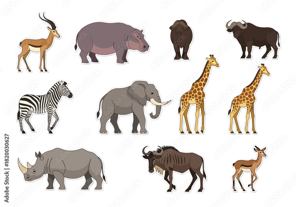 Obraz premium Diverse African Wildlife Vector Illustration Featuring Giraffe, Zebra, and More