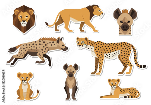 African Wildlife Set Lion, Cheetah, Hyena Animal Icons