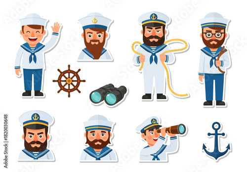 Maritime Adventure Set of Cheerful Sailor Cartoon Characters and Nautical Elements