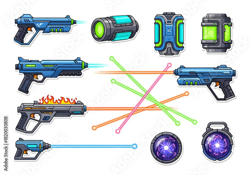 Futuristic Sci-Fi Weaponry Pixel Art Guns and Energy Cells Collection