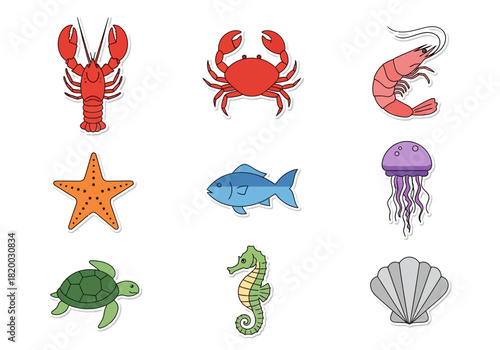 Colorful Ocean Animals Lobster, Crab, Shrimp, Starfish, Fish, Jellyfish, Turtle, Seahorse, Shell