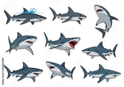 Nine Sharks in Dynamic Poses Illustration